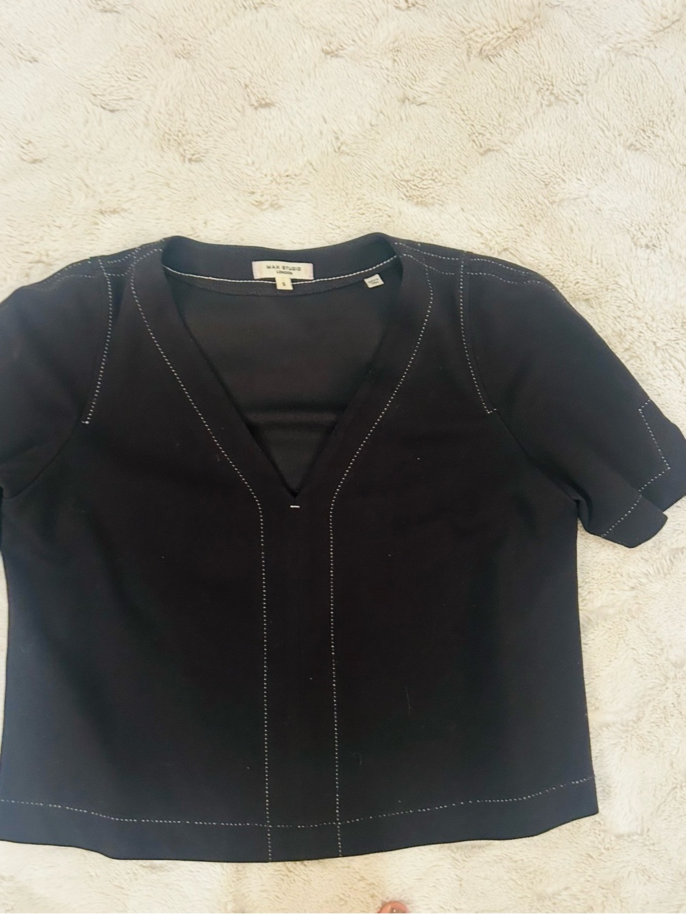 Max Studio Black Short Sleeve V-Neck Top with Contrast Stitching
